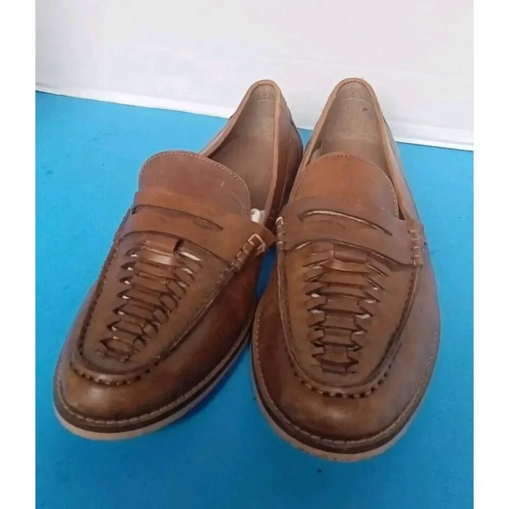 Classic Brown Leather Woven Penny Loafers Casual Dress Shoes‎